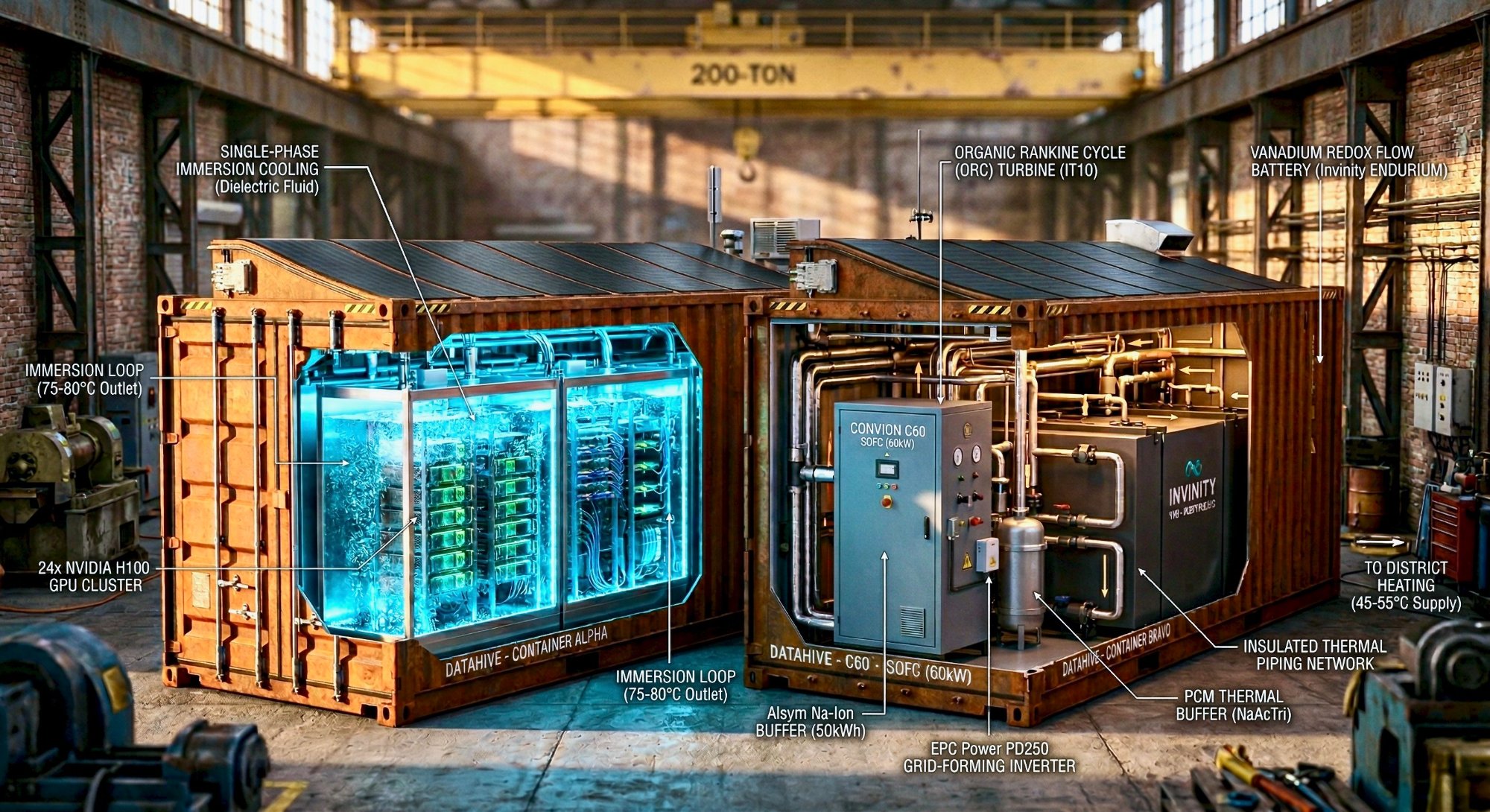 EcoCube v8.0 — 3D render showing dual container configuration with immersion cooling and power plant