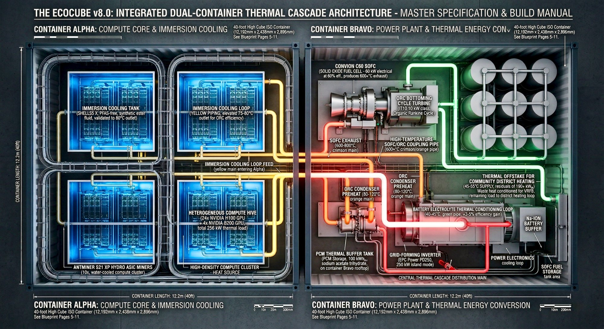 EcoCube v8.0 — Technical schematic showing thermal cascade piping and component layout
